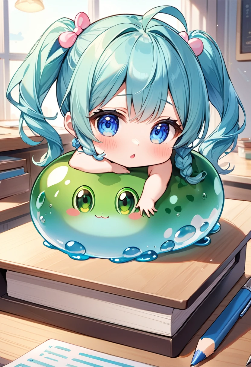 Highest quality、High resolution、Detailed Background、Beautiful face in every detail、Anatomically correct、Detailed facial expressions、fine grain、(Light blue frog slime、Green frog、placed on the desk)、break　((One Girl:1.2)、(Chibi Girl:1.2))、Cute hair color、Big beautiful blue eyes、Fuller lips、Pink Lips、Braided twin tails、Ahoge、((Raise one arm、I&#39;m trying to hit:1.2)、Cute Summer Clothes、Cute Sandals)、(Crying face、Big tears:1.2)、break　(background is a grassland, sunset、Mountain hut)