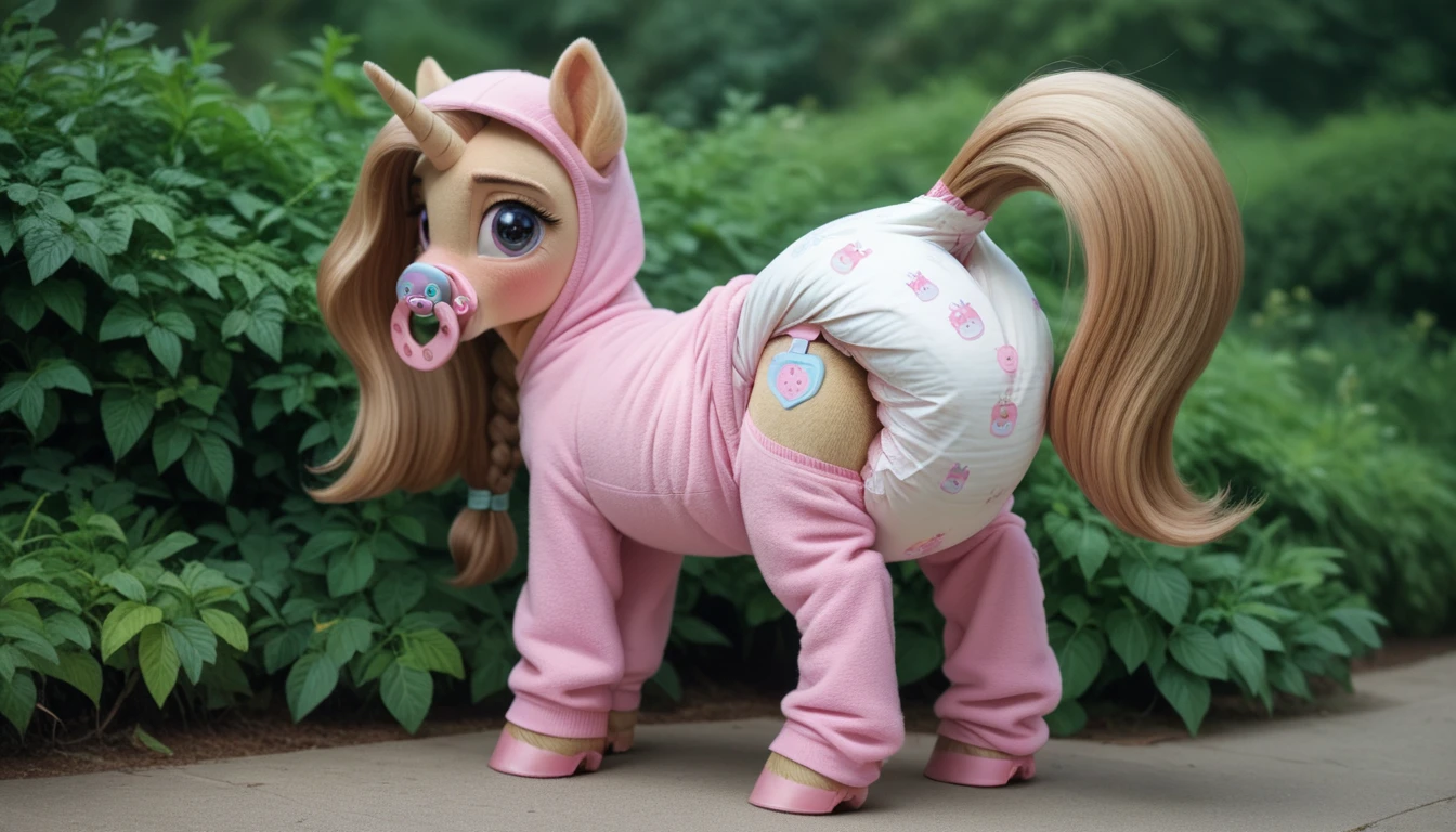 pony, light caramel unicorn, adult mare, plum eyes, lush mane braided, bushy tail, stands on four hooves, rear hooves spread wide apart, dressed in an onesie adult size and booties adult size, pacifier adult size in mouth, solo, raised tail, thick diaper under clothes, bulge on the back of the diaper and between the hind hooves, sagging diaper, pink blush on cheeks, embarrassment, awkwardness.