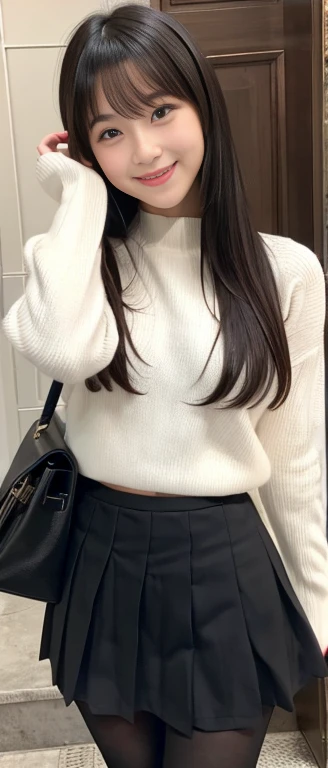 Pleated mini skirt、black tights、whole body、Good style、、、、、、、、、、Thin legs、smile、Straight Hair