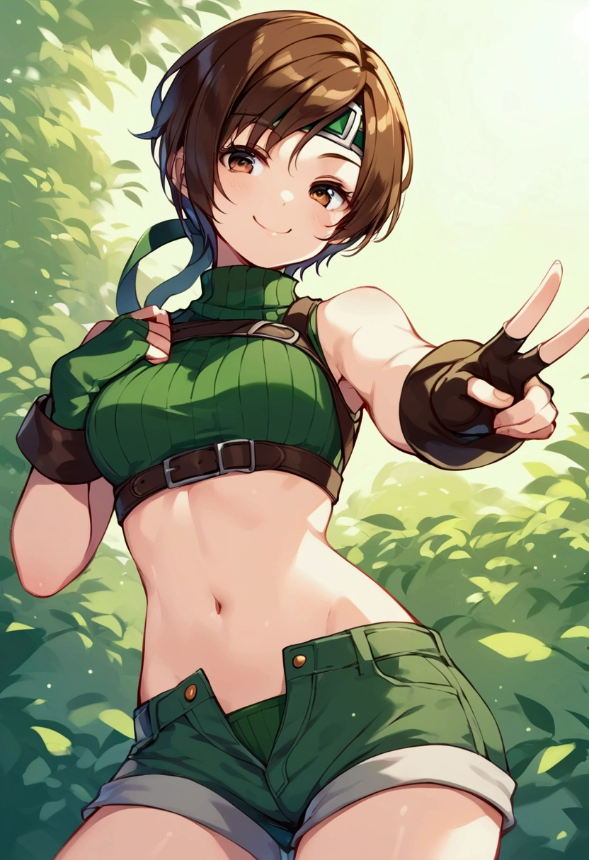 score_9, score_8_up, score_7_up,BREAK best quality,high quality,masterpiece,aesthetic,very aesthetic,soro,,1girl,yuffie kisaragi,, final fantasy,short hair,headband,navel,sleeveless,turtleneck
brown eyes,
sleeveless turtleneck,gloves,crop top,brown hair,shorts,midriff,sweater,open fly,fingerless gloves,ribbed sweater,looking at viewer,smile,smug,v,
