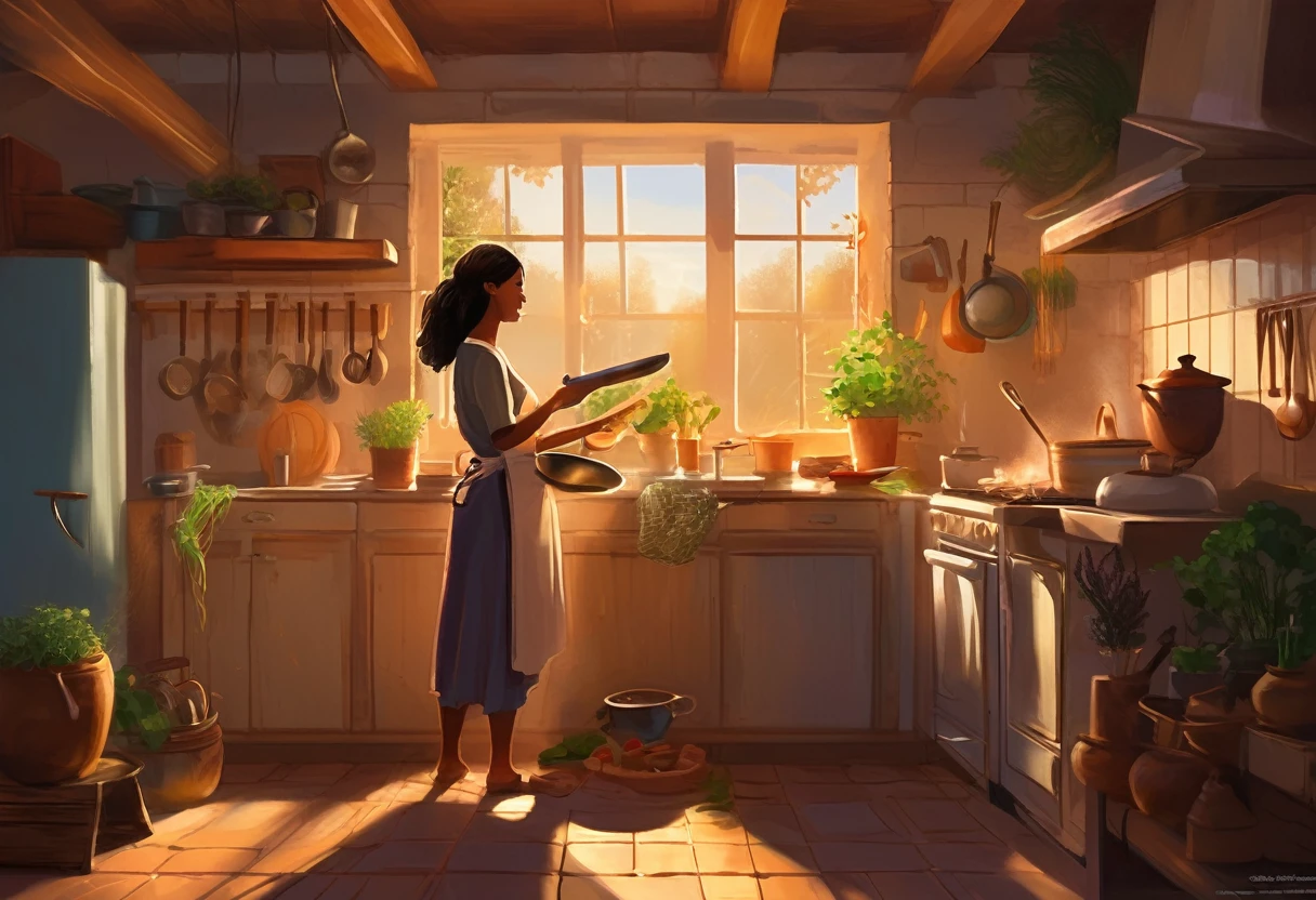 A heartwarming digital painting of a beautiful woman cooking in a charming, cozy kitchen. Viewed from the side, her profile showcases her concentration as she stirs a pan containing vegetables and fish. Her hands are deftly maneuvering cooking utensils, while the warm, golden sunlight from a nearby window casts a soft, glowing halo around her. The kitchen is filled with earthy tones, creating a comforting atmosphere. An assortment of cooking tools and ingredients are visible, enhancing the scene's authenticity. The mood is one of love, nostalgia, and the appreciation of everyday moments.