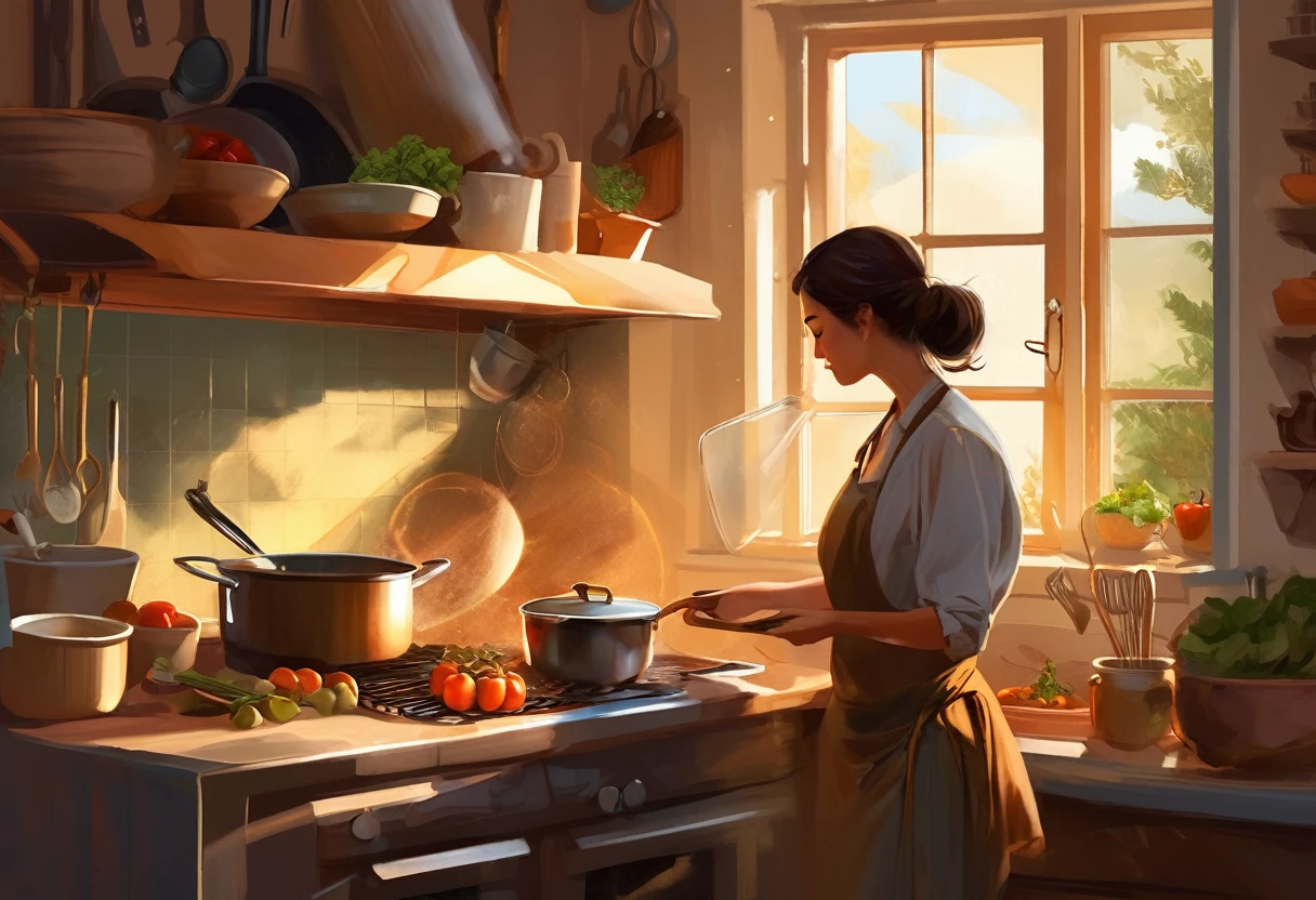 A heartwarming digital painting of a beautiful woman cooking in a charming, cozy kitchen. Viewed from the side, her profile showcases her concentration as she stirs a pan containing vegetables and fish. Her hands are deftly maneuvering cooking utensils, while the warm, golden sunlight from a nearby window casts a soft, glowing halo around her. The kitchen is filled with earthy tones, creating a comforting atmosphere. An assortment of cooking tools and ingredients are visible, enhancing the scene's authenticity. The mood is one of love, nostalgia, and the appreciation of everyday moments.