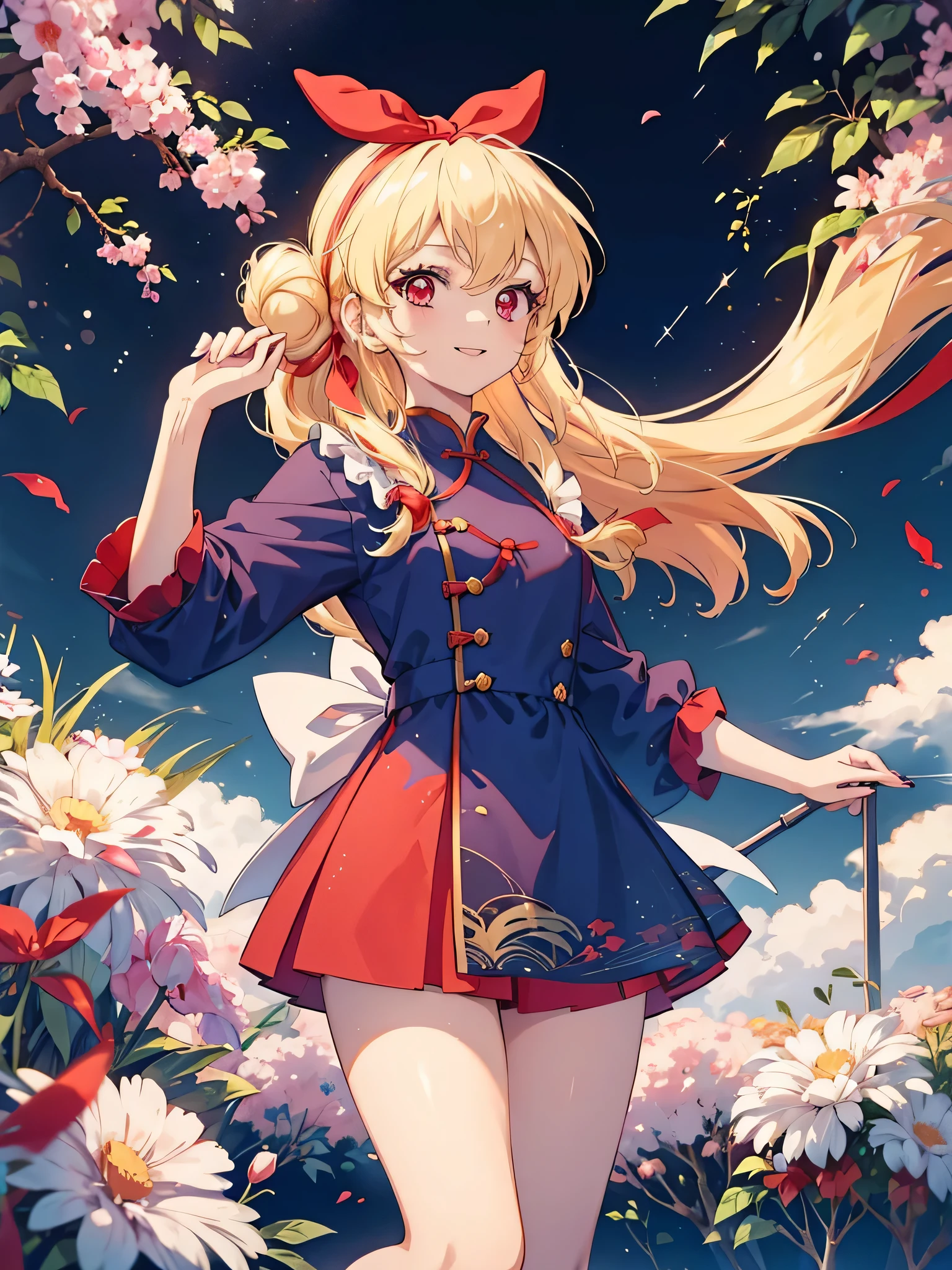 (RED Ribbon on HAIRband:1.2),an anime character wearing white shorts and white hair standing next to a painting, 1girl, double bun, solo, hair bun, chinese clothes, long hair, smile, Blonde hair, RED eyes, shampoo (ranma 1/2)Style, looking at viewer, dress,Shampoo Ranma,Ichigo Hoshimiya (Aikatsu!),china dress