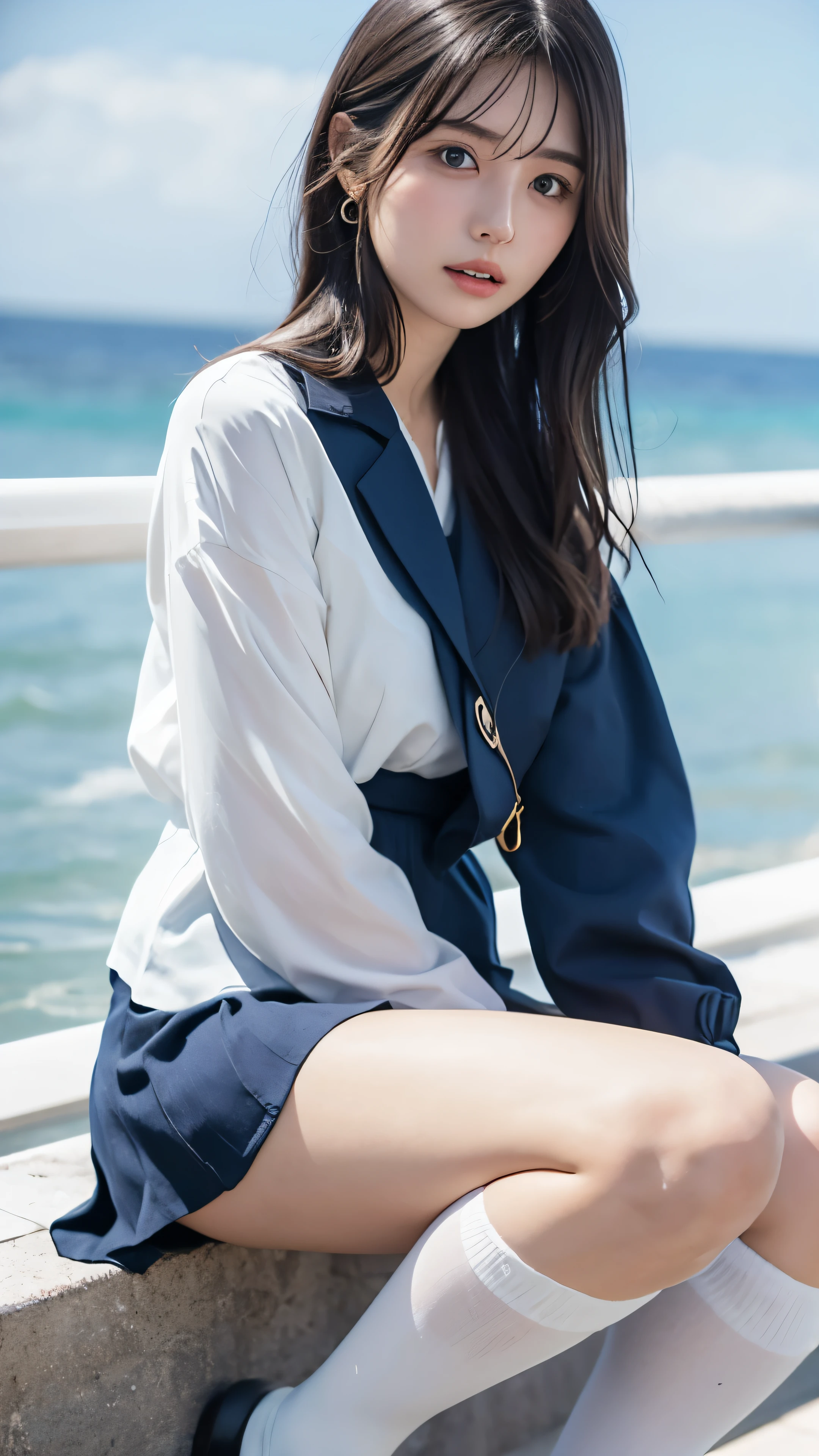 (masterpiece、Highest quality、Very detailed)、Hair color is deep dark brown、Soft Waves、
(Skin is smooth、Lightly reflects light、Healthy shine)、(The eyes are almond-shaped、eyes dark brown)、Long eyelashes、Flexible curls、Each one is clearly visible、Thin eyeliner、Natural eyelash shadow)、(Natural pink cheeks)、(Thick lips、smile)(Japanese in uniform、A white shirt with a distinctive sailor collar、Navy blue scarf)、(Summer clothes)、(Navy blue pleated mini skirt、inseam length)、(Beach、Pay attention to her whole body and facial expression)、(((Eye highlights and skin detail、Realistic details)))
