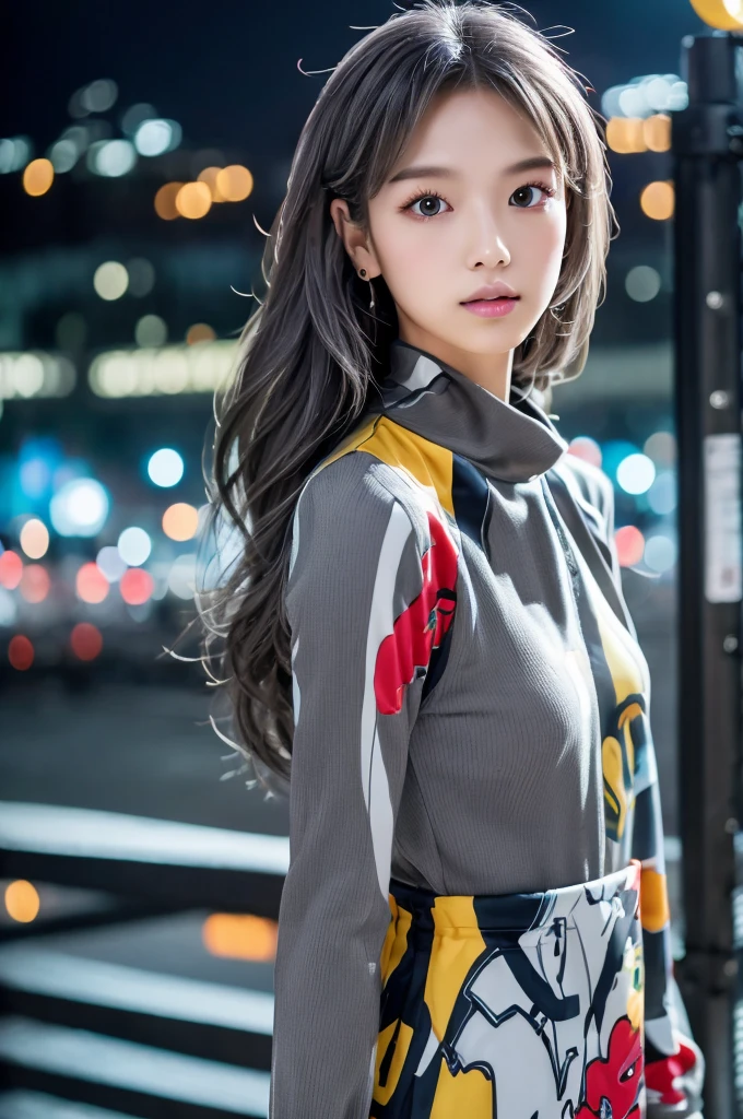 masterpiece, high quality, high resolution, 8k, (alone:1.2), ((1 woman)), japanese girl, detailed face, detailed eyes, correct body structure, upper body, ((gray hair:1.2)), very long hair, messy hair, slim body, Seductive silhouette, shining bones, depth of field, dark photo at night, dimly lit, forehead, movie lights, Tyndall effect, abstract background, futuristic clothing, vivid colors, modern style, wide sleeves, artistic, unique pattern, fancy, Refined, tendency