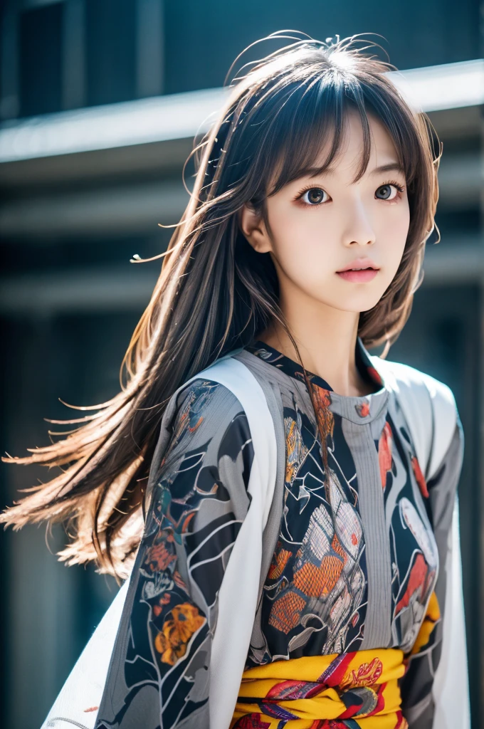 masterpiece, high quality, high resolution, 8k, (alone:1.2), ((1 woman)), japanese girl, detailed face, detailed eyes, correct body structure, upper body, ((gray hair:1.2)), very long hair, messy hair, slim body, Seductive silhouette, shining bones, depth of field, dark photo at night, dimly lit, forehead, movie lights, Tyndall effect, abstract background, futuristic clothing, vivid colors, modern style, wide sleeves, artistic, unique pattern, fancy, Refined, tendency