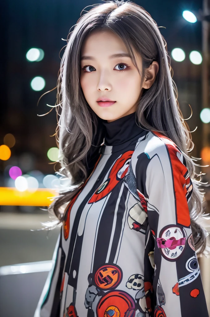 masterpiece, high quality, high resolution, 8k, (alone:1.2), ((1 woman)), japanese girl, detailed face, detailed eyes, correct body structure, upper body, ((gray hair:1.2)), very long hair, messy hair, slim body, Seductive silhouette, shining bones, depth of field, dark photo at night, dimly lit, forehead, movie lights, Tyndall effect, abstract background, futuristic clothing, vivid colors, modern style, wide sleeves, artistic, unique pattern, fancy, Refined, tendency