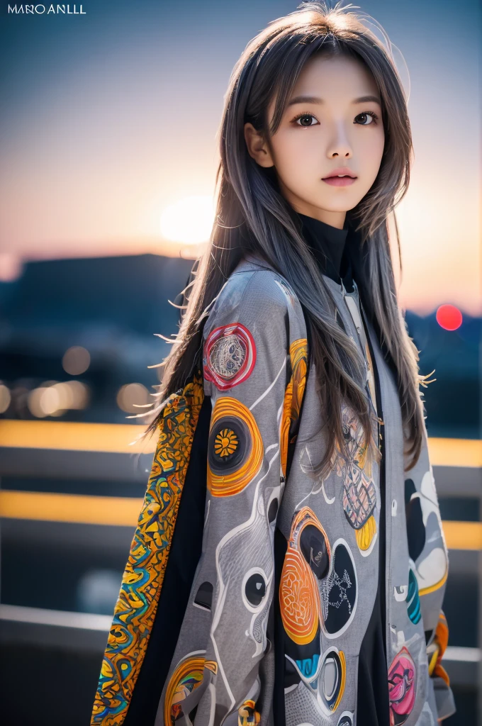 masterpiece, high quality, high resolution, 8k, (alone:1.2), ((1 woman)), japanese girl, detailed face, detailed eyes, correct body structure, upper body, ((gray hair:1.2)), very long hair, messy hair, slim body, Seductive silhouette, shining bones, depth of field, dark photo at night, dimly lit, forehead, movie lights, Tyndall effect, abstract background, futuristic clothing, vivid colors, modern style, wide sleeves, artistic, unique pattern, fancy, Refined, tendency