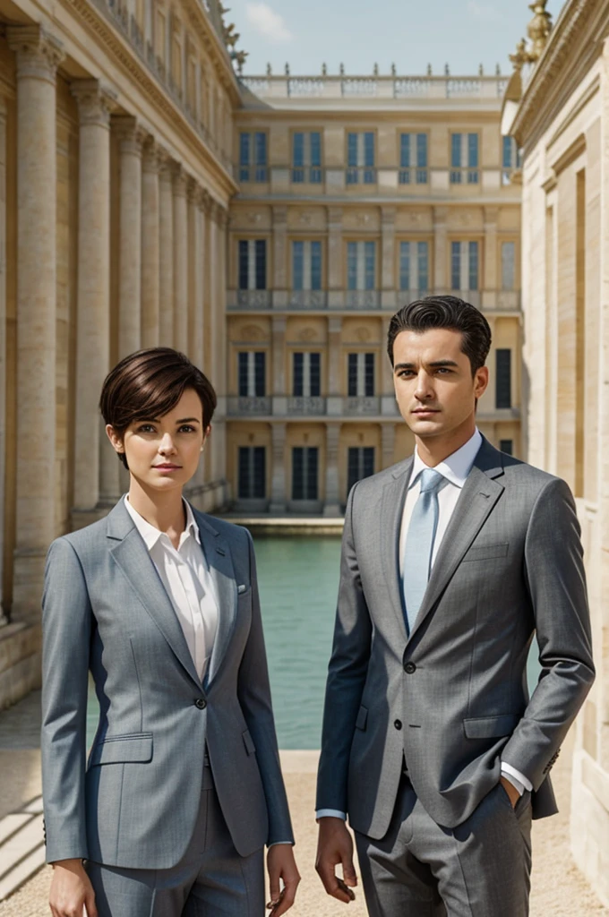 Man short hair wearing dark gray suit and woman short hair wearing light blue suit, standing side by side, Versailles on the background, orange thyme