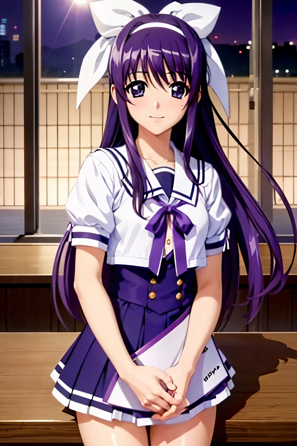 Suzuka Tsukimura、suzuka、"Magical Girl Lyrical Nanoha"、Purple Hair、long hair、hair band、high school girl、Night Clan、uniform、smile（（（ＳＦＷ、sound、Highest quality、first-clasasterpiece、Normal body、8k、Detailed face、Ultra-precision、Normal hand、Normal finger、５Finger、Highest）））