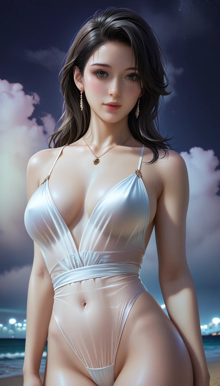 score_9, score_8_superior, score_7_superior, Masterpieces with up to 16K resolution,Highest quality,it is really amazing,Very detailed,Ultra-high resolution,(Ultra-realistic:1.1),(Realistic:1.1),Increased depth of field,Cinematic lighting,
Elegant Japanese MILF,
Long black hair,Ultra-detailed and beautiful face,Translucent white skin,Realistic skin texture,
(Elegant swimwear:1.1),
Bold design,Artistic design,Beautiful and detailed pattern,Detailed fabric texture,
Gorgeous necklace,Earrings,
(Deserted beach at night:1.4),(Dark night sky with dark clouds:1.4),
(Dramatic Angle:1.1),