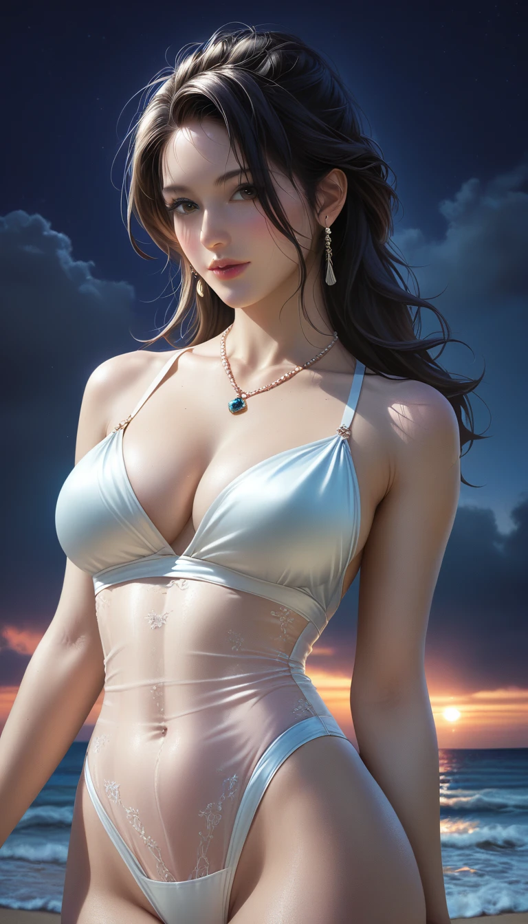 score_9, score_8_superior, score_7_superior, Masterpieces with up to 16K resolution,Highest quality,it is really amazing,Very detailed,Ultra-high resolution,(Ultra-realistic:1.1),(Realistic:1.1),Increased depth of field,Cinematic lighting,
Elegant Japanese MILF,
Long black hair,Ultra-detailed and beautiful face,Translucent white skin,Realistic skin texture,
(Elegant swimwear:1.1),
Bold design,Artistic design,Beautiful and detailed pattern,Detailed fabric texture,
Gorgeous necklace,Earrings,
(Deserted beach at night:1.4),(Dark night sky with dark clouds:1.4),
(Dramatic Angle:1.1),