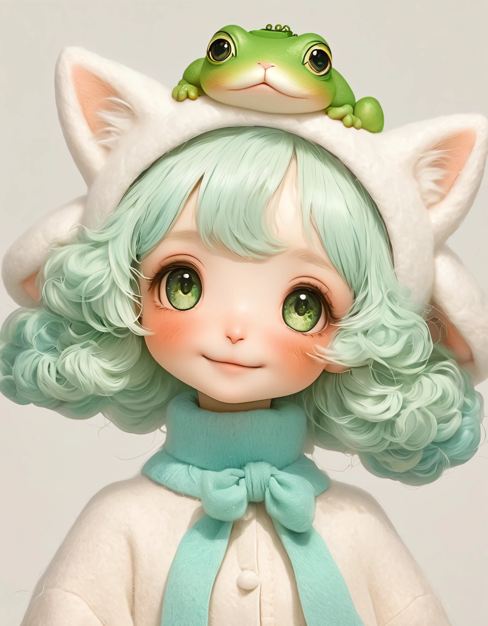 (masterpiece, best quality:1.2), 1 Girl, with Frog hat, Solitary, hairy，Wool Curls，Green Theme, longeyelashes, solid circle eyes, light smile, ccurate, white hair, eye reflection, aqua eyes, cat ears, blush, laughing, Surrealism, drop shadow, stereogram, tachi-e, pov, blind box toy style, 8k, super detail, best quality