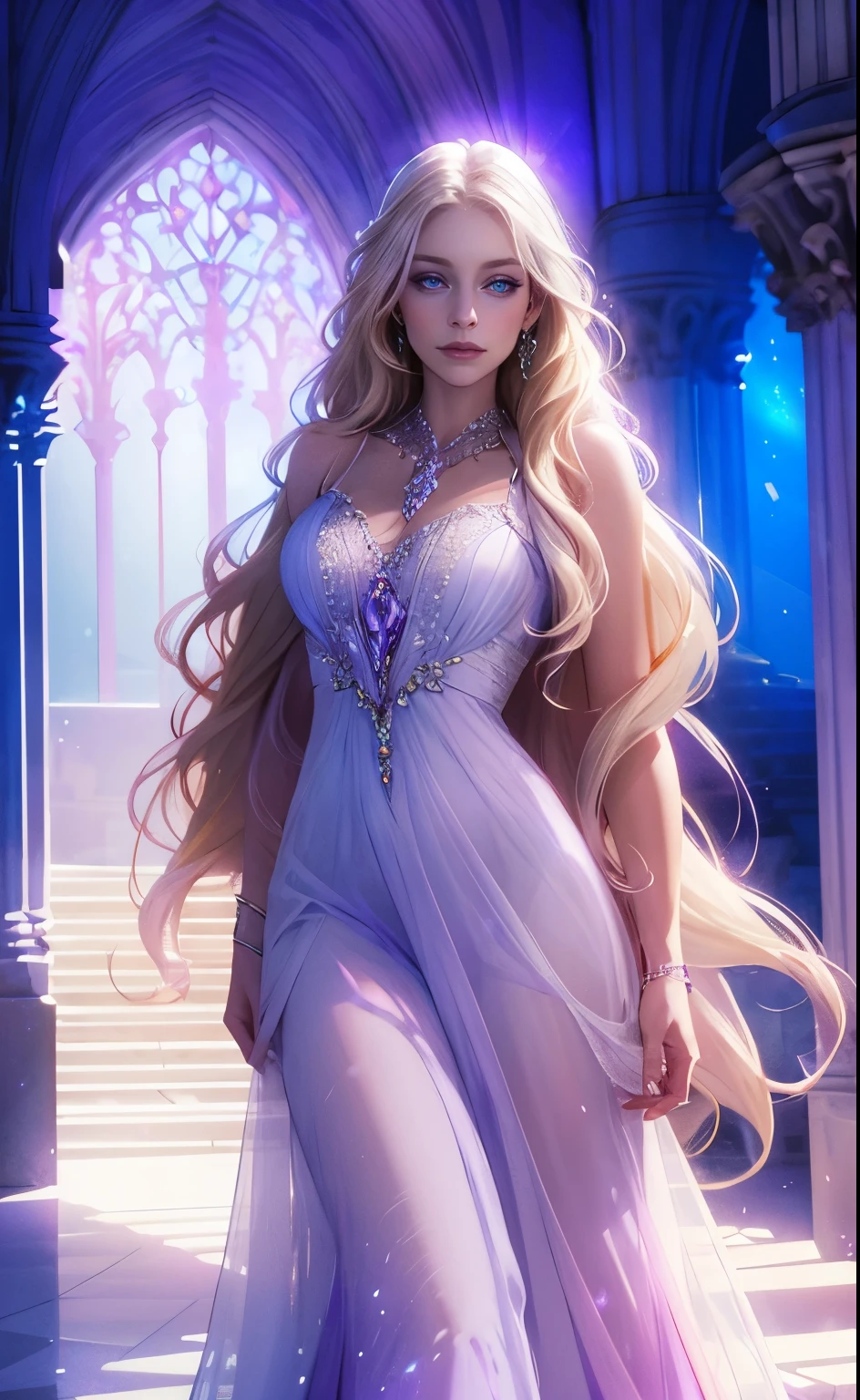 Fantasy, red blue, flowers, girl, long pale blonde wavy hair, lilac eyes, in a white light fantasy dress, crystal jewelry, bright halls of the castle, hd