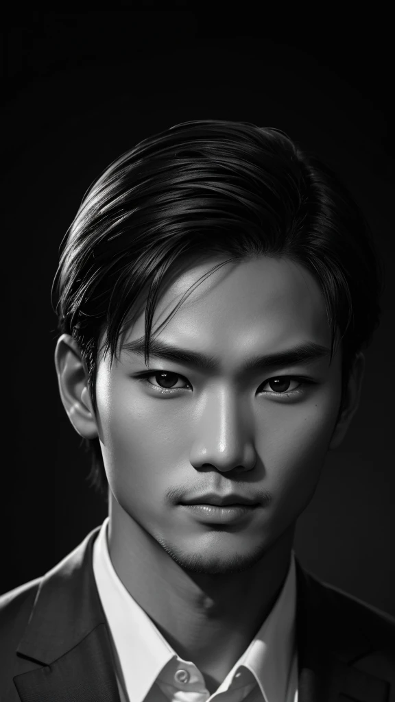 Asian face closeup, focus camera eyes,elegant men,dark theme, detailed skin, dark background, black and white