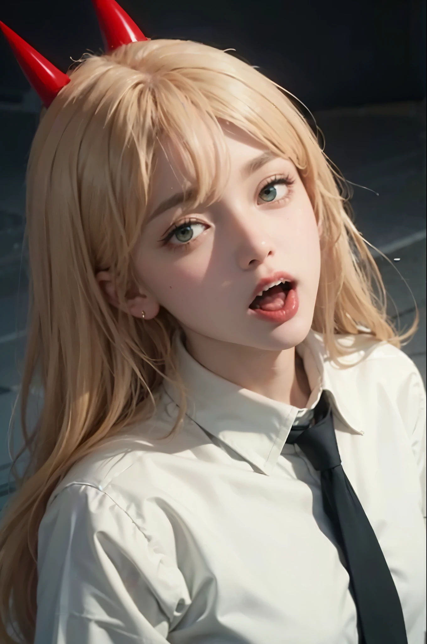 1girl, high res, highly detail, masterpiece, best quality, power_csm
blonde hair, yellow eyes, cross-shaped pupils, symbol-shaped pupils, red horns, sharp teeth
white collared shirt, blue jacket, black necktie, black pants, sneaker shoes, halfbody shot. waist, tongue out