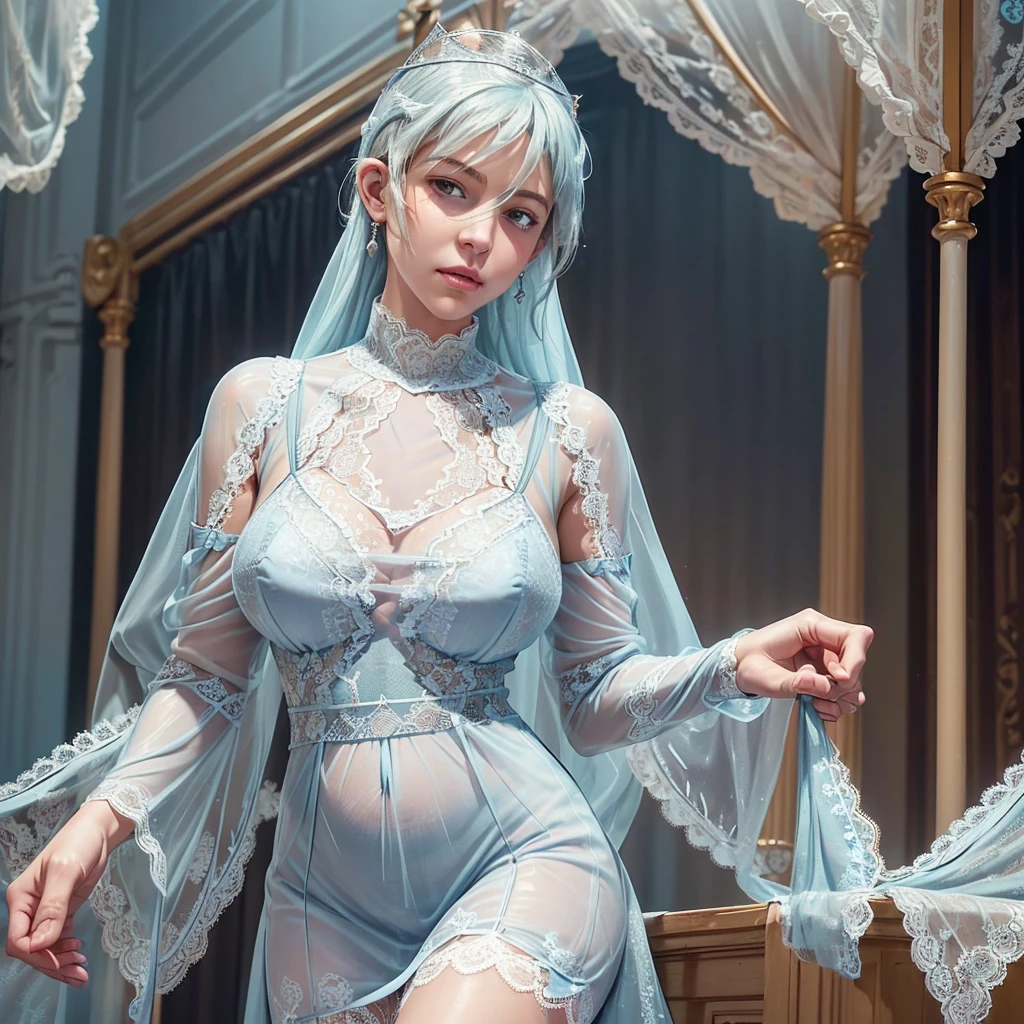 (Canon RF85mmf/1.2), (8ก, RAW Photos, Highest quality), (masterpiece), (Realistic, photograph Realistic), (Very detailed, Very detailedな, Best image quality, Amazing details, High resolution, Very detailed, Very detailedな, Very delicate and beautiful work.), Beautiful girl with details, Solo Girl, ((Perfect shape)), Very detailed eyes and face, White skin, Noble Beauty, ((Fine texture, Hair follicle)), Perfect Anatomy, Beautiful details down to the last detail., Delicate face, (Slim, narrow waist, Very big ass), (The chest size is small、Big Breasts、), (lift:1.3), (Cute Face, Eyes full of soul, Glowing Eyes), (Beautiful and clear eyes), (Tie your hair in a big bun.), (smile:1.0), (Attractive look), (attractive appearance), ((Expensive and sexy light blue see-through queen lace dress:1.8)), (crown diamond gear), (Diamond Necklace, Diamond Earrings), ((I saw a tall palace in the middle of the night., moonlight)), Physical Rendering, Realistic light, (((Upper Body:1.3))), ((View the viewer:1.3)), ((stand)), ((from the front))、One Japanese girl,18-year-old、Very detailed, dynamic post, Dynamic Angle, Cowboy Shot,Pink Lingerie、Orange pink underwear、Breast in pregnant women、Milk dripping from her lingerie、round face、Chubby、Very large breasts、Big Breasts、The groin area is very swollen、