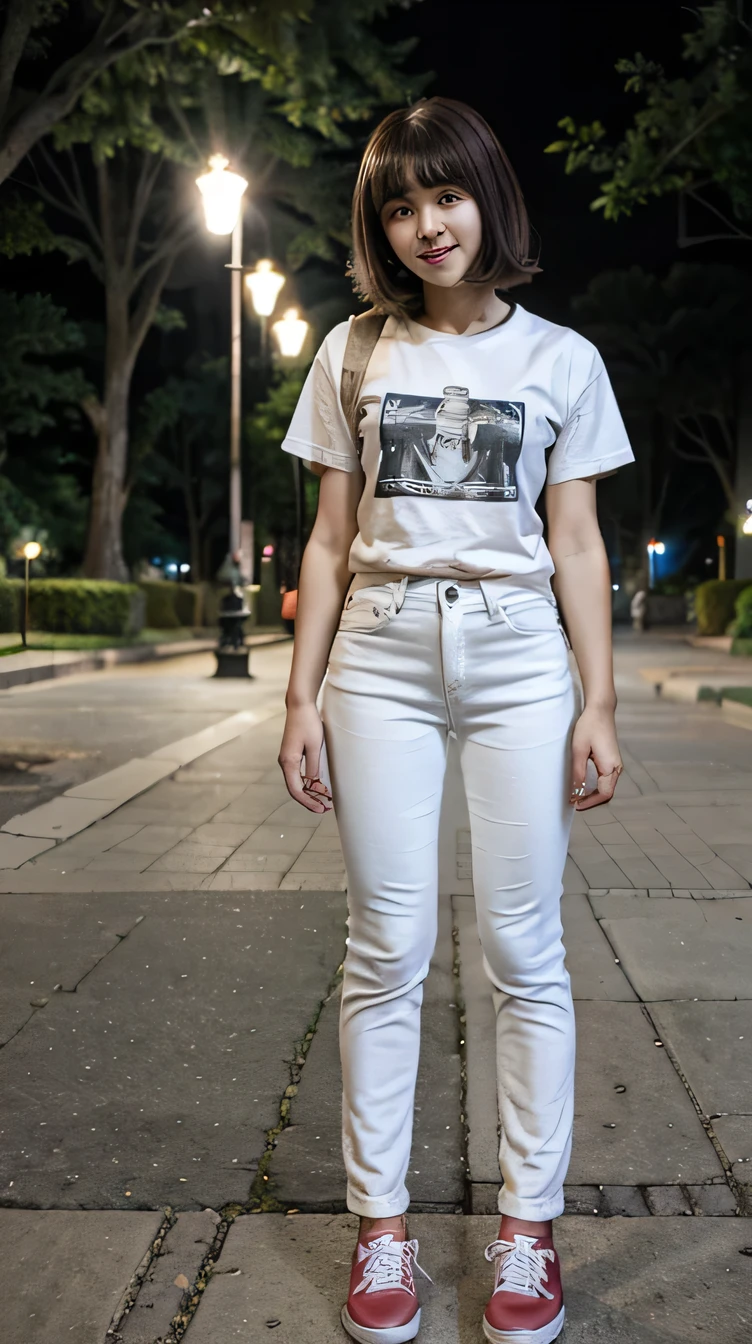 Woman wearing a t-shirt, white jeans and sneakers。Full body photo、Are standing、Short Haircut、smile、Background is a park at night。.
