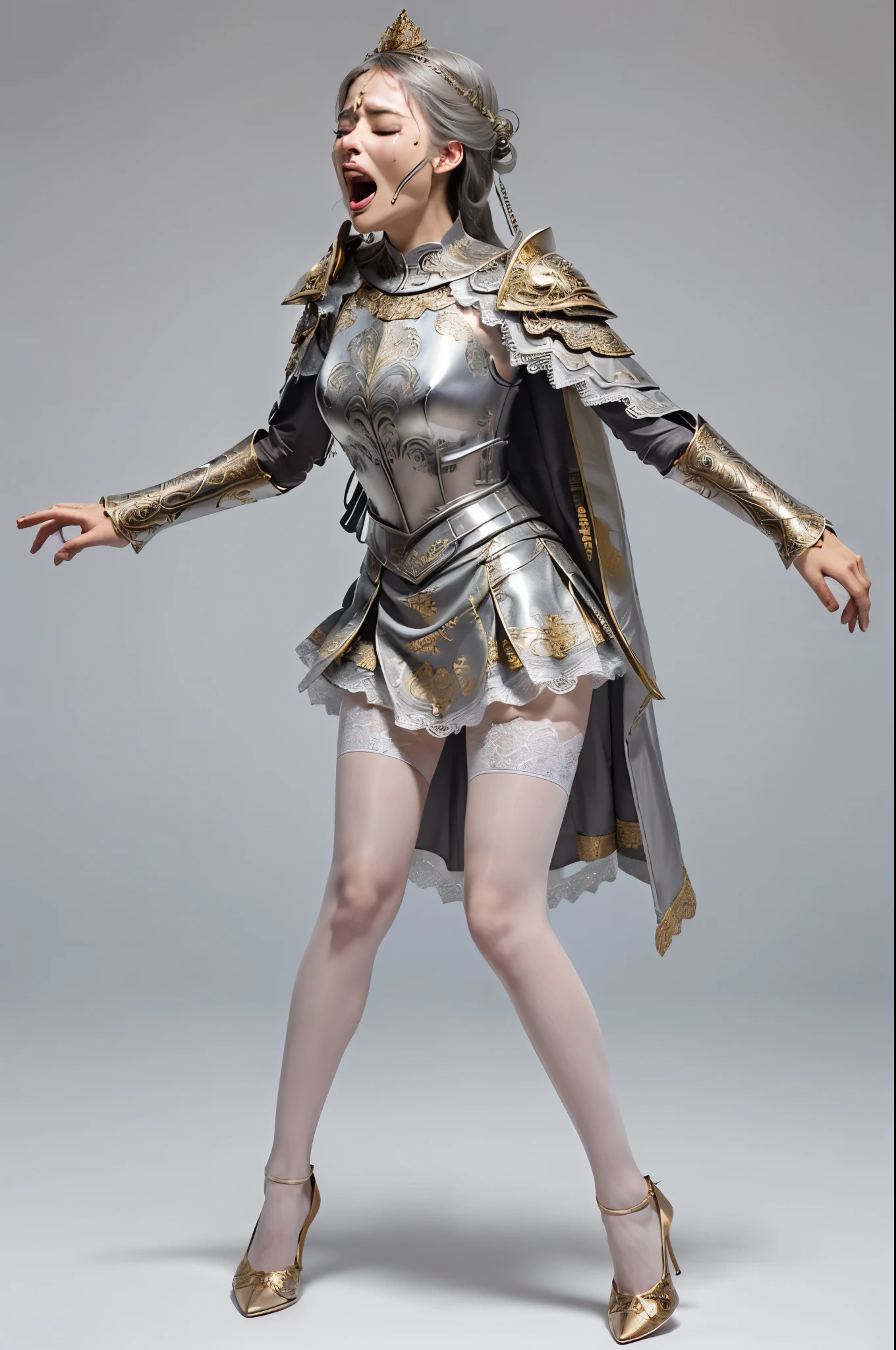 masterpiece, best quality photo, a beautiful princess knight in medieval armor is screaming, (fancy engraved metal armor on top:1.3), waving rich cape, gold decorated armor, (ornate linen skirt:1.2), (white stocking:1.3), lace_band stocking, high-heel:1.2, (light gray metal armor), (detailed screaming facial expression:1.2), screaming in pain, extremely beautiful, grimace, screaming, strongly closed eyes, (painful screaming facial expression), Torso_inclination