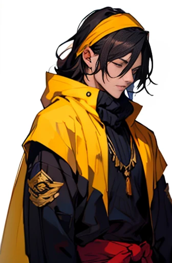 good looking ,Roleplaying、Small eyes、Long Hair、Fantasy style clothing、Yellow clothes、Yellow Cape、Black Hair、Yellow bandana on head、Tight-fitting shirt