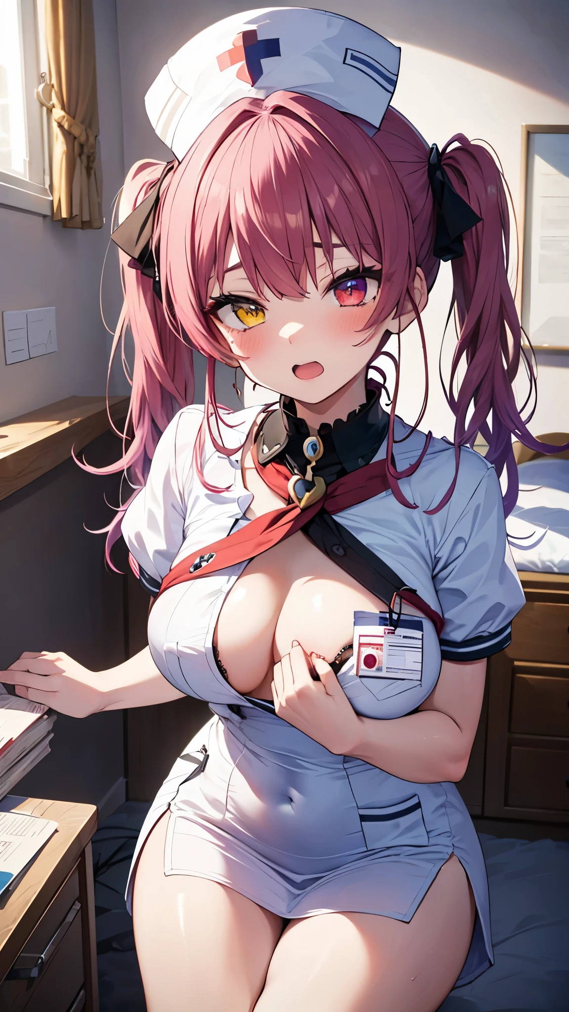 (best quality:1.2), (ultra detailed:1.2),(masterpiece:1.2),(8k:1.2),(Blessed,Captivating body、Ultra detailed hands、Ultra-detailed eyes、Ultra-detailed skin、ultra-detailed face,Detailed Background),One Girl、(bedroom,nurse, nurse cap, breast pocket, collared dress, short dress, short sleeves, thighs, white dress, white headwear), bbmarine, twintails, heterochromia,(ecstasy, aroused:1.5)