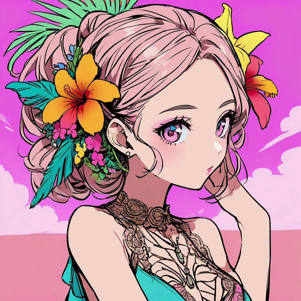 Summer Tropical flowers Pink sky Beach Woman Pop 