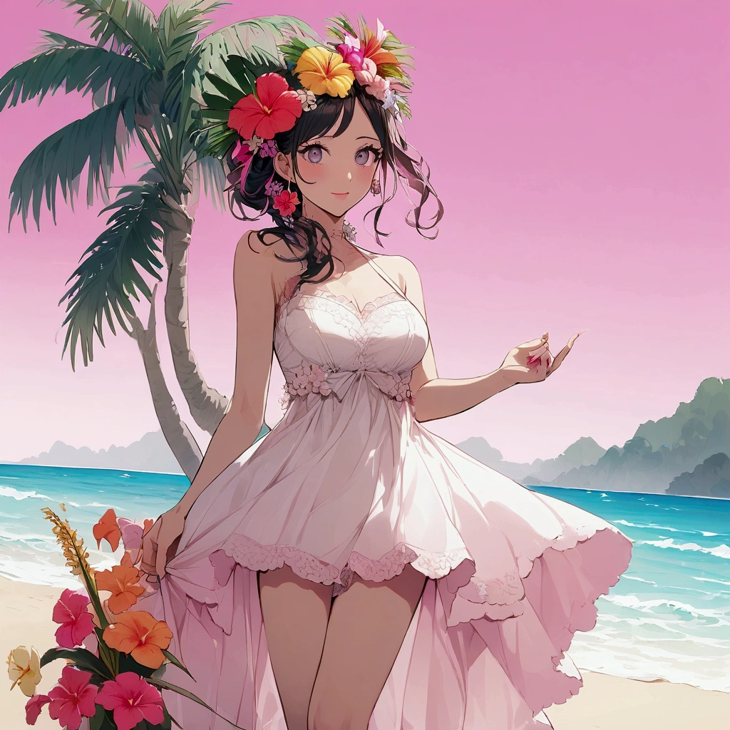 Summer Tropical flowers Pink sky Beach Woman Pop