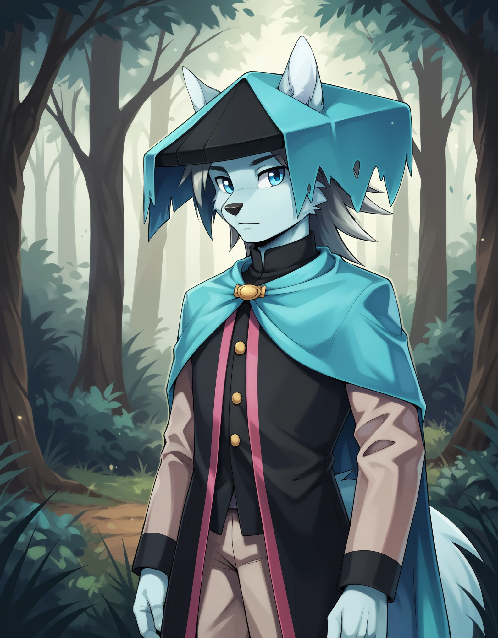 score_9, score_8_up, score_7_up, score_6_up, (du57aet, anthro, tail), ((male focus, 1boy, solo)), male, half-length portrait, blue eyes, hat, cape, vest,  forest background 