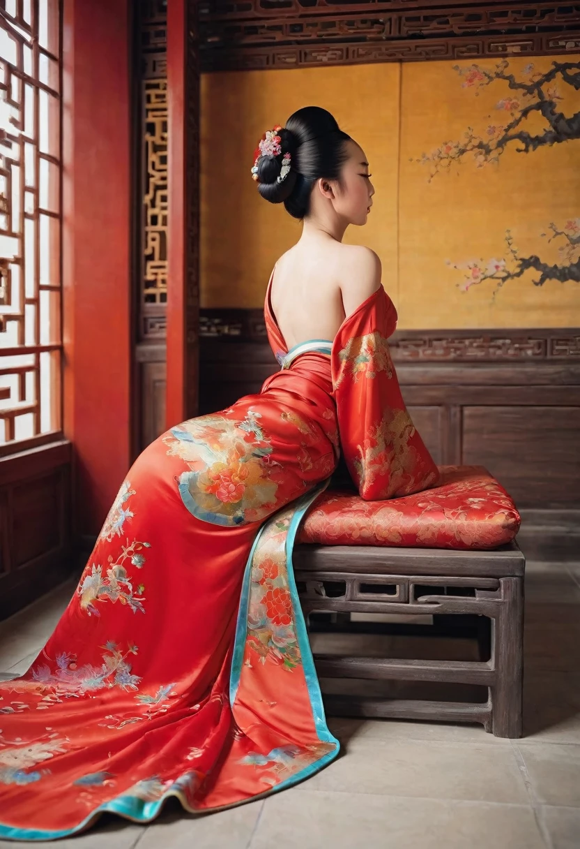 A side view of a Chinese empress, seen from close up on her buttocks. The background is a room in a Chinese palace during the Qing dynasty. She is sleeping in red Hanfu, with only her large buttocks sticking out. She is either wearing underwear or not, and her protruding buttocks are floating up.　　　　　　　　　　　　　　　　　　　　　　　　　　　　　　 Her hair is decorated with a large, flashy flower.　 The back of the hair is tied up and up.　Erotic Woman