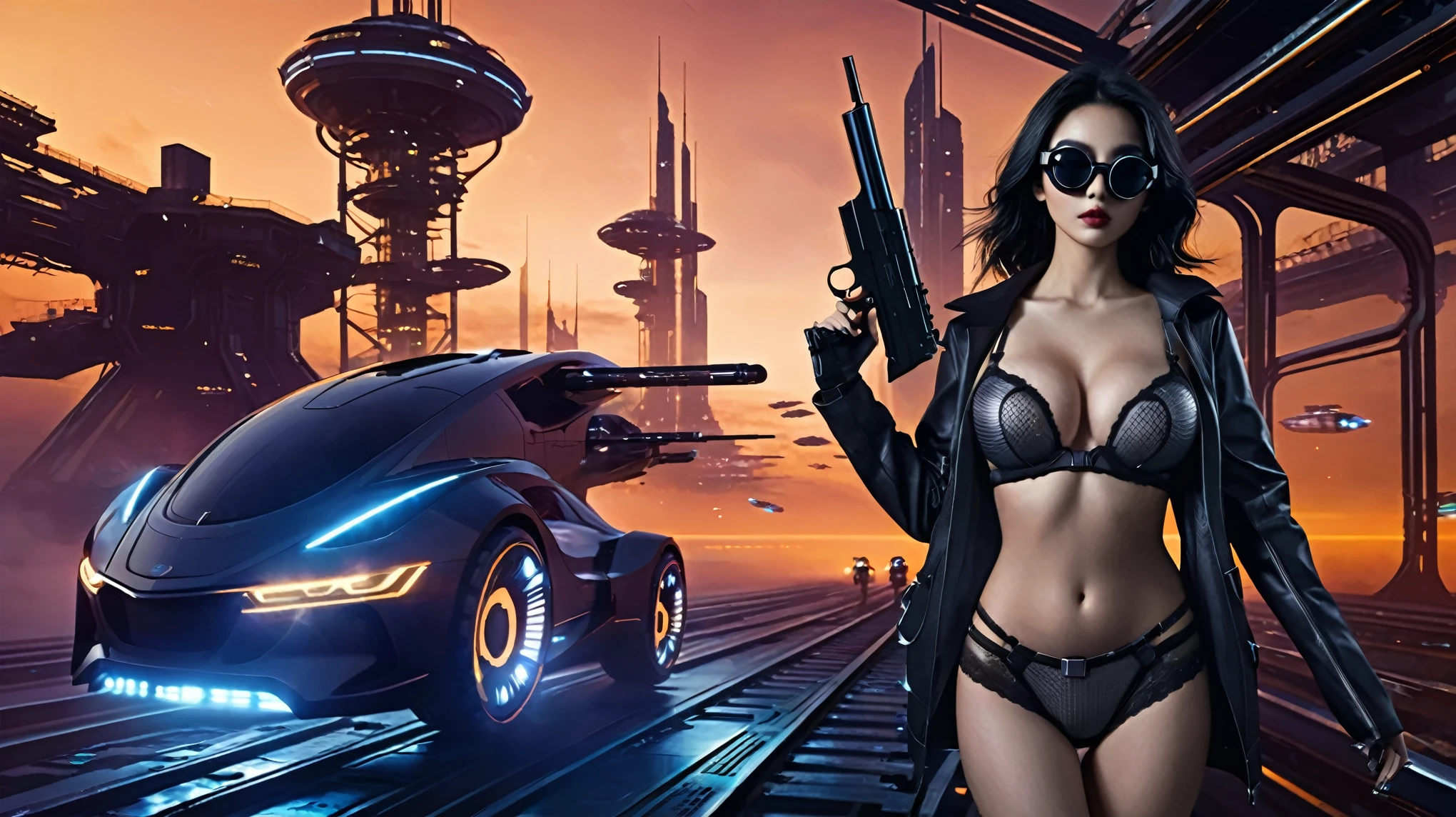 at night, ((a large-breast:1.2 lingerie slim:0.6 GIRL with black mini VR sunglasses)), ((holding a pistol)), aerial view of an ultra-futuristic megalopolis, tall metal buildings in dark colors from dark blue to black, shades of metal gray, smoky metal structures, industrial environment with fog around, dark cars on the streets, (flying vehicle), modern metal rails and trains passing through, ((futuristic space station)), realistic, detailed, sci-fi.