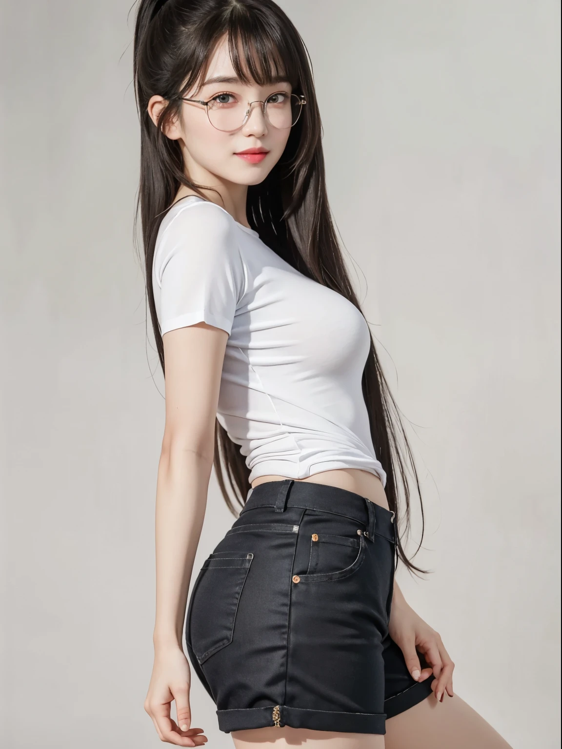 (Best quality, masterpiece, detailed), (RAW, 4k, hd images), shy, 1 girl, 17 years old, white skin, long hair, ponytail, layers hair, bangs, black hair, beautiful girl, cute girl, sweet girl, pretty girl, perfect girl, pretty eyes, blue eyes, thin lips, thin, eye line, perfect round breast, glasses(detailed frame), simple background, smile, thigh, legs, tshirt clothes, short pants, standing, side angle capture, half body, side breast