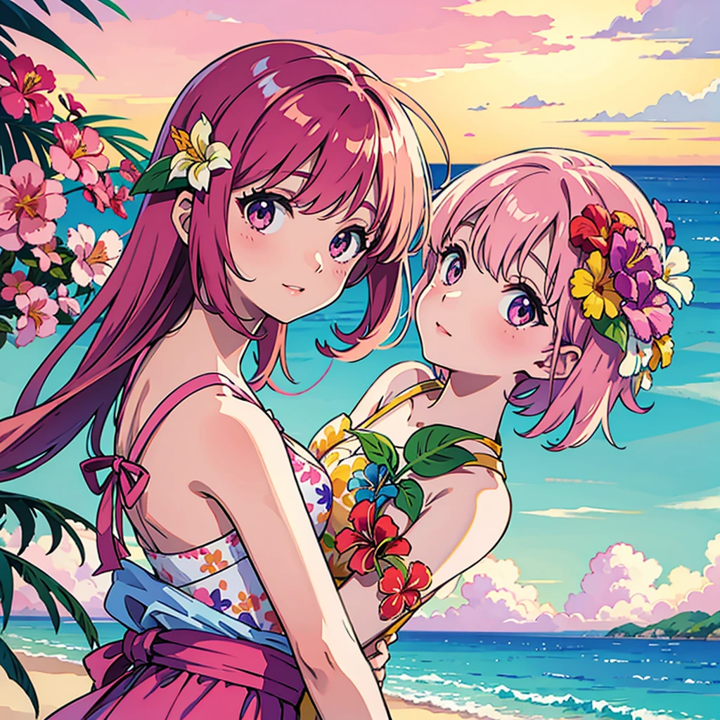Summer Tropical flowers Pink sky Beach Woman Pop