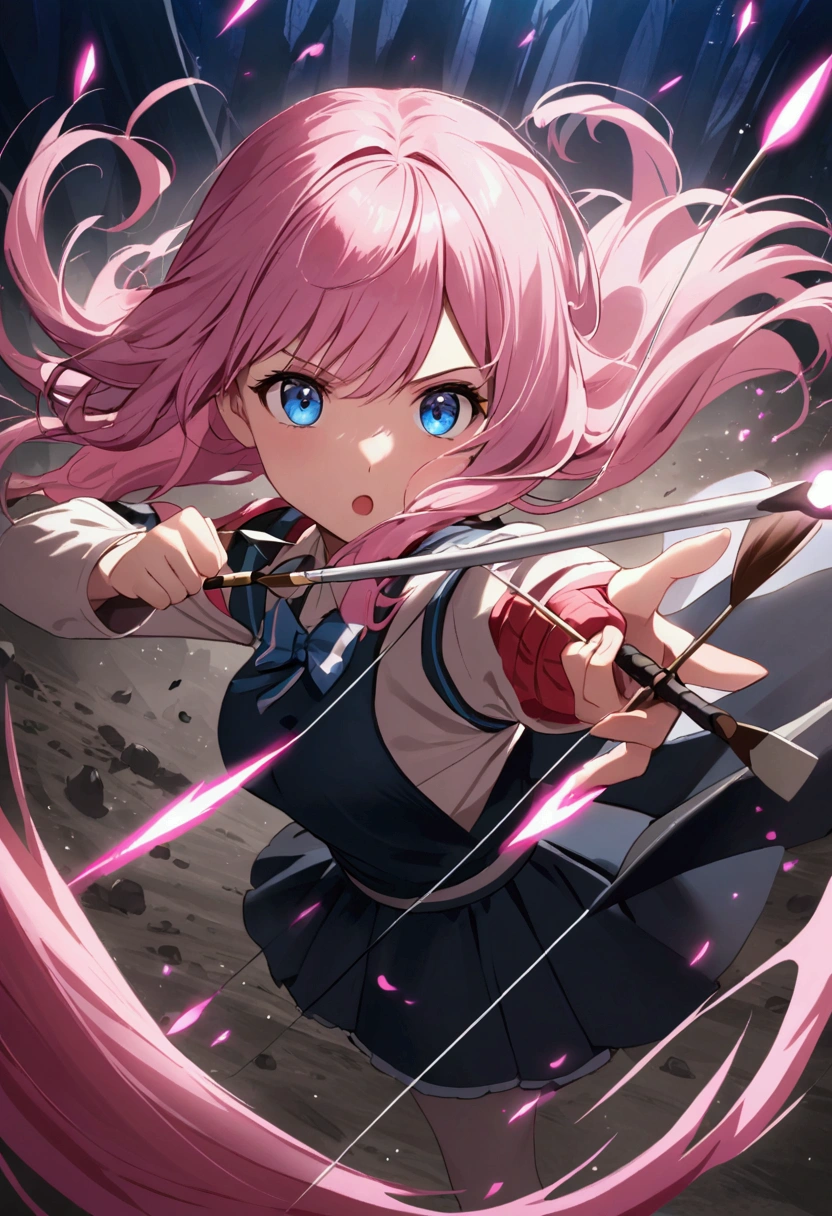 Bow and Arrow、Hit the target、Girl with pink hair、blue eyes、Twin Drill、A scene from a movie