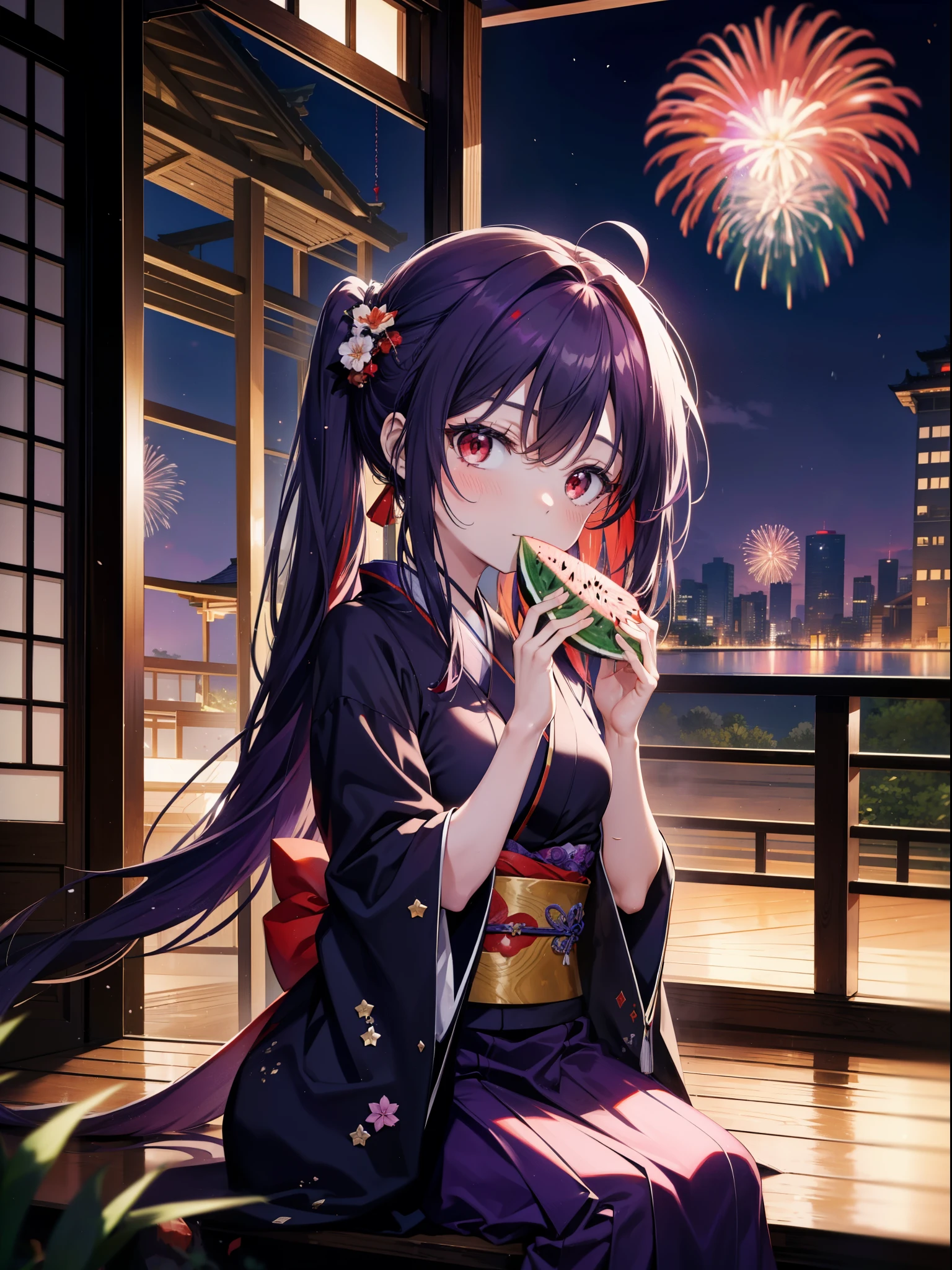 yuukikonno, Yuuki Konno, hair band, Long Hair, Pointed Ears, Purple Hair, Ahoge,(Red eyes:1.5), (Small breasts:1.2),low twin tail,smile,Open your mouth,Purple Kimono,Purple long skirt,Fireworks in the night sky,Fireworks,The place is a fireworks display,Time is night,sunny day,Sitting on a bench,He is eating a triangular piece of red watermelon, holding it in both hands.,Wind Chimes,whole bodyがイラストに入るよう,
break looking at viewer, , whole body, (Cowboy Shot:1. 5)
break indoors, Veranda,Japanese garden,
break (masterpiece:1.2), Highest quality, High resolution, unity 8k wallpaper, (figure:0.8), (Beautiful attention to detail:1.6), Highly detailed face, Perfect lighting, Highly detailed CG, (Perfect hands, Perfect Anatomy),