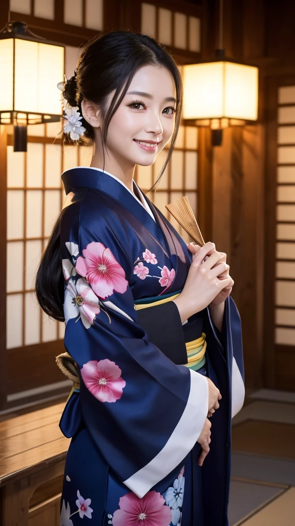 (Super beautiful woman in kimono)、((highest quality、8K masterpiece:1.3))、sharp focus:1.2、(super beautiful face:1.0)、(shiny skin:1.0)、realistic pictures、black hair、video lighting、High resolution eyes and face、video lighting、japanese actress、from the front、with a happy smile、whole body、wearing a kimono、in Kyoto、(luxury obi)、with a fan、Fireworks Display