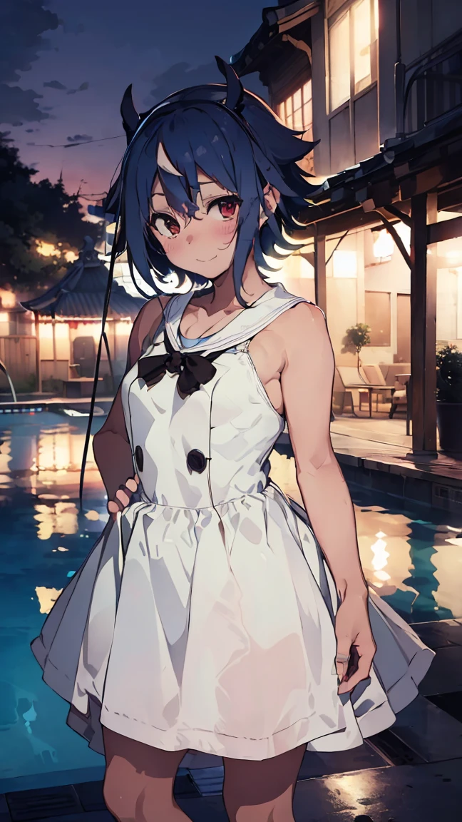 masterpiece, Highest quality, High resolution, Very detailed,(((Mikoto Naruka))), (((Wearing a white dress。)))、(((smile)))、(((Standing in the distance))), (((Neon Light))), night, (((Pool)))