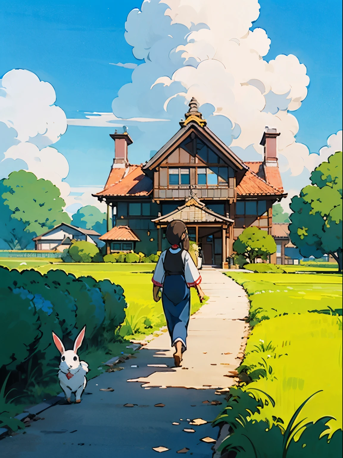 Country house, Real anime costume design, Spirited Away, tension. detailed, rich and colorful, Blue sky and white clouds，A woman walks with a white rabbit on a path next to a house，Miyazaki style