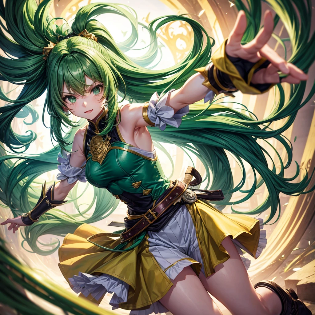 cute,green hair,long hair,half plate armer,high kick action