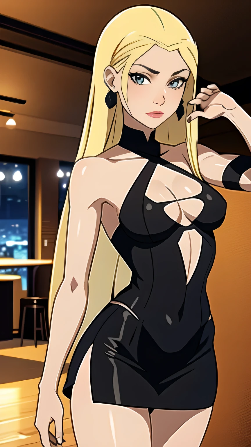 (cowboy shot), (masterpiece, best_quality, detailed, immaculate:1.3), epic, illustration,Anime Style
BREAK
ArtemisYJ,super long hair,Blonde Hair,makeup
extremely detailed clothing fabric(Black short dress) spaghetti string,extremely detailed dress ,small breast,earrings ,
BREAK
(Night, Bar, indoors,)