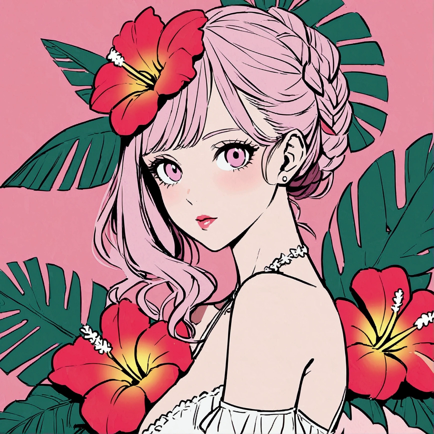 Summer Tropical flowers Pink sky Beach Woman Pop