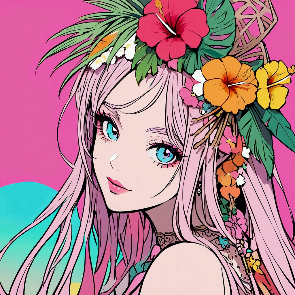 Summer Tropical flowers Pink sky Beach Woman Pop