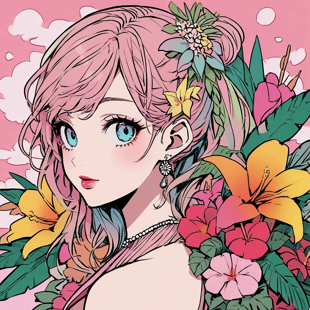 Summer Tropical flowers Pink sky Beach Woman Pop