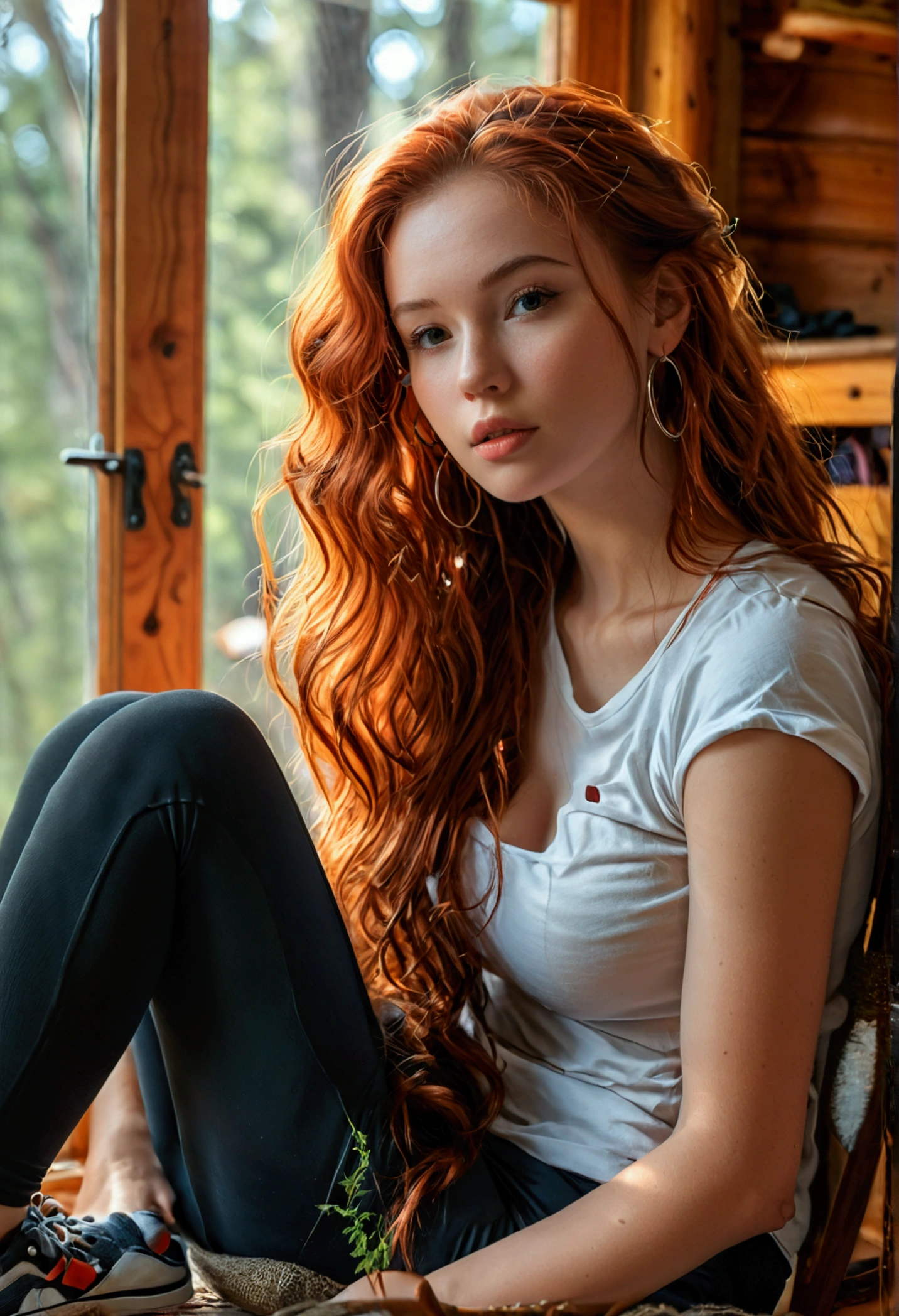 (full body shot:1.5) photorealistic image of a (sitting pose:1.1) woman, ultra realistic, photography, long red hair, girl, 24 years old, hourglass figure, perfect body, Flirty look, natural medium breasts, blur background, medium hoop earrings, big t-shirt, leggings,sneakers, bottom shot, long hair, wavy hair, inside of a cabin in the woods, photorealistic, Indirect lighting, volumetric light, specular light, ray tracing, hyper-detailed, best quality, ultra-high resolution, HDR, 8k, sitting on a chair with her feet on a table, looking out the window