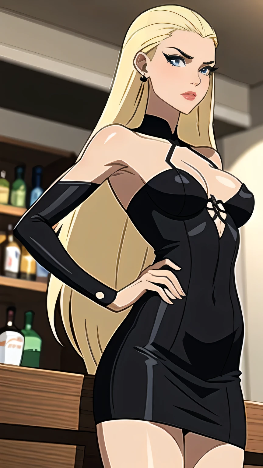 (cowboy shot), (masterpiece, best_quality, detailed, immaculate:1.3), epic, illustration,Anime Style
BREAK
ArtemisYJ,super long hair,Blonde Hair,makeup
extremely detailed clothing fabric(Black short dress) spaghetti string,extremely detailed dress ,small breast,earrings ,
BREAK
(Night, Bar, indoors,)