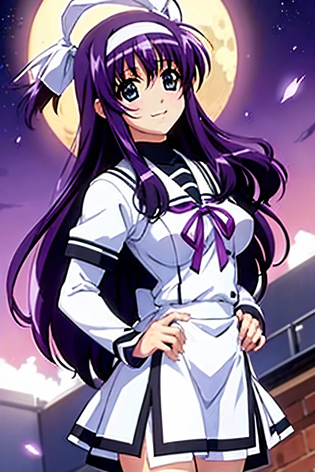 Suzuka Tsukimura、suzuka、"Magical Girl Lyrical Nanoha"、Purple Hair、long hair、hair band、Big Breasts、high school girl、Night Clan、uniform、A kind smile、Put your hands behind your back、（（（ＳＦＷ、sound、Highest quality、first-clasasterpiece、Normal body、8k、Detailed face、Ultra-precision、Normal hand、Normal finger、５Finger、Highest）））