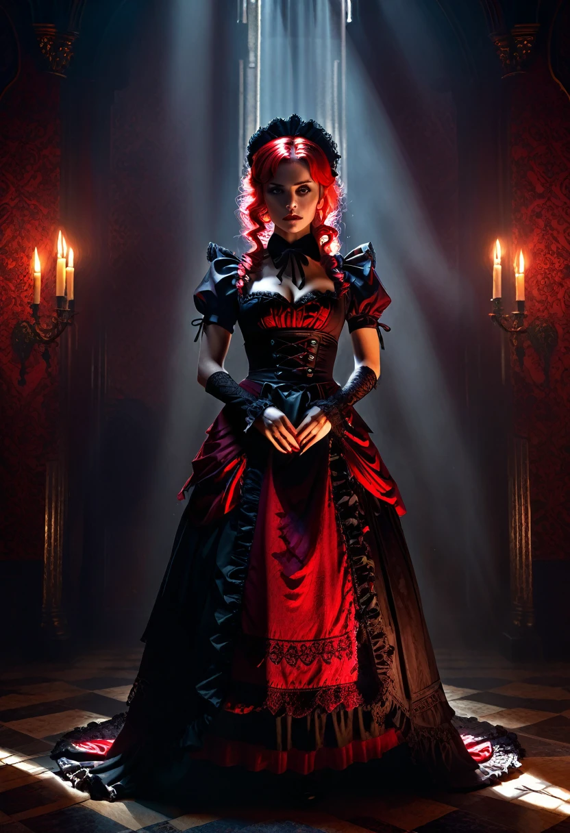 a black and red maid outfit, a hell lady,  intricate and ornate dress, dramatic lighting, dark fantasy, gothic, chiaroscuro, moody atmosphere, cinematic composition, dramatic color palette, rich textures, highly detailed, 8k, photorealistic, fullbody：2