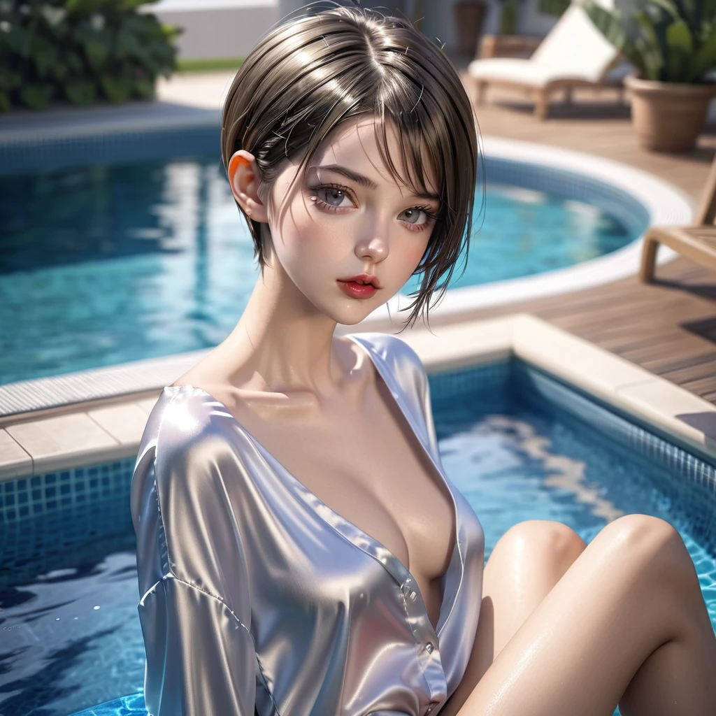 Top Quality, Masterpiece, High Resolution, 8k, (((skinny girl, oversized shiny satin shirt,  deep neckline, bare back, small perky breasts, beautiful detailed eyes, beautiful detailed lips, small closed mouth, extremely detailed face, pixie asymmetrical hair, small hips, full body sitting at the pool)))