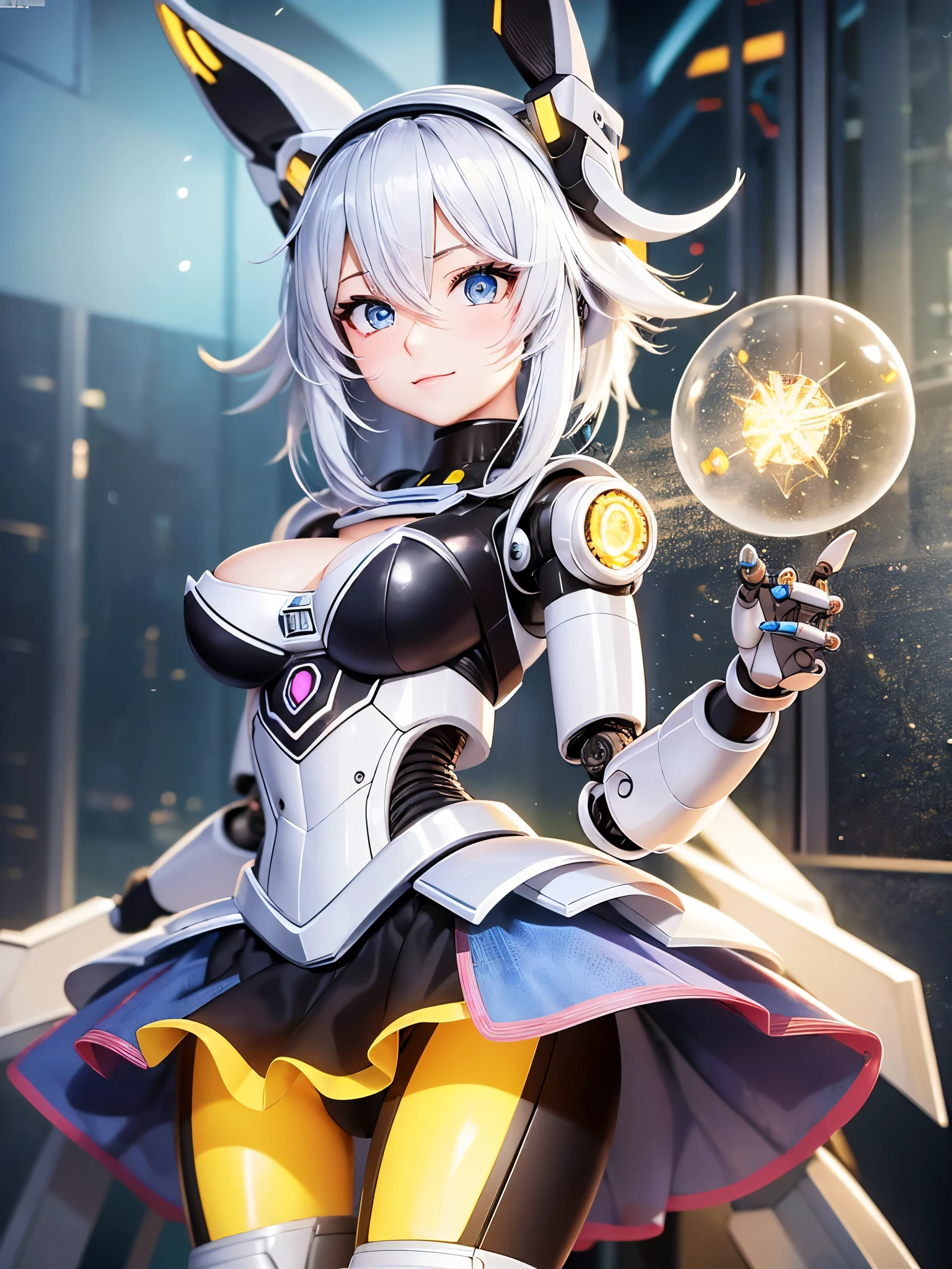 ((Highest quality)),(Ultra-high resolution),(Super detailed),(Detailed Description),((The best CG)),(masterpiece),Highly detailed art,(Art with precise detail:1.5), (Female Robot:1.6),(Beautiful and well-proportioned face:1.4),Bunny ear antenna:1.7,Actuator:1.5,(Clear parts:1.5),(skirt:1.6), Illumination:1.6