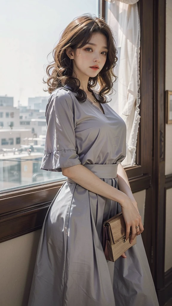 detailed background, masterpiece, best quality, 1 person , curly hair, long hair, purple eyes, star in eye , gray Strap blouse, long skirt,