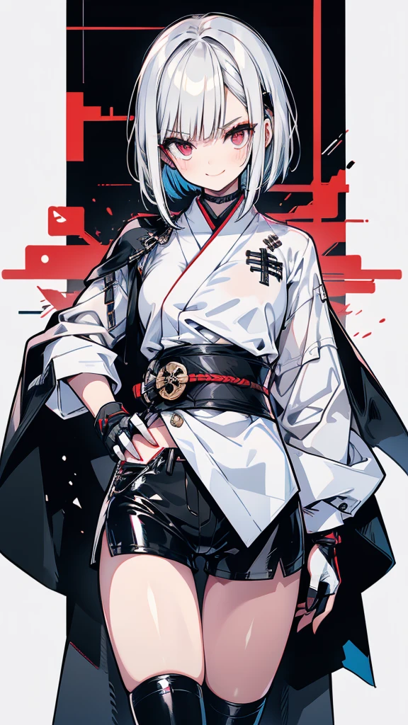 Adult women Bobcut Silver Hair tall Narrow eyes smile Glare frivolous attitude Japanese Clothing White shirt Black hot pants Black long gloves Black knee socks Keep your hands on your hips Japan Hold the sword to your waist Cape mechanized japanese castle